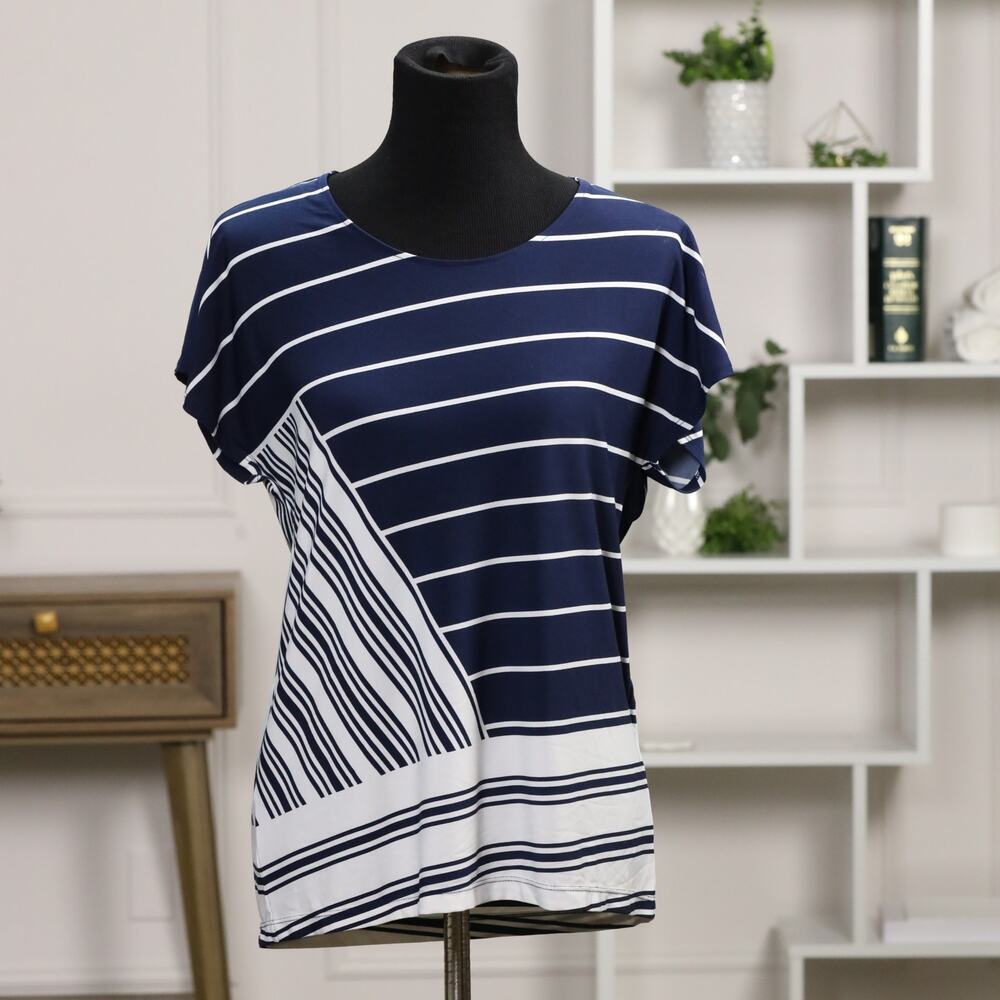 Chico’s Size 1 Navy White Striped Short Sleeve Lightweight Classic Nautical